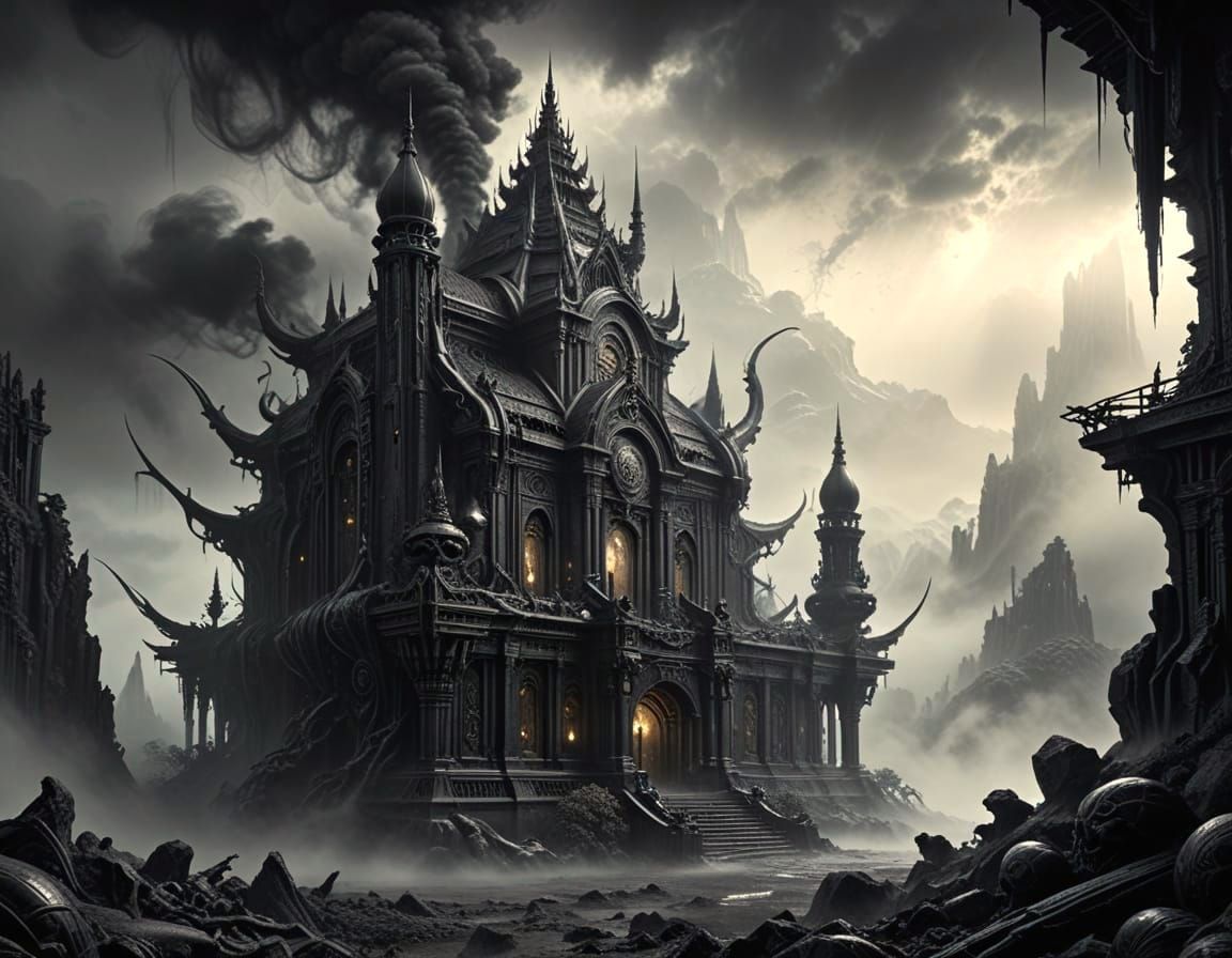 Misty Dystopian Building in Graphite Pencil Style