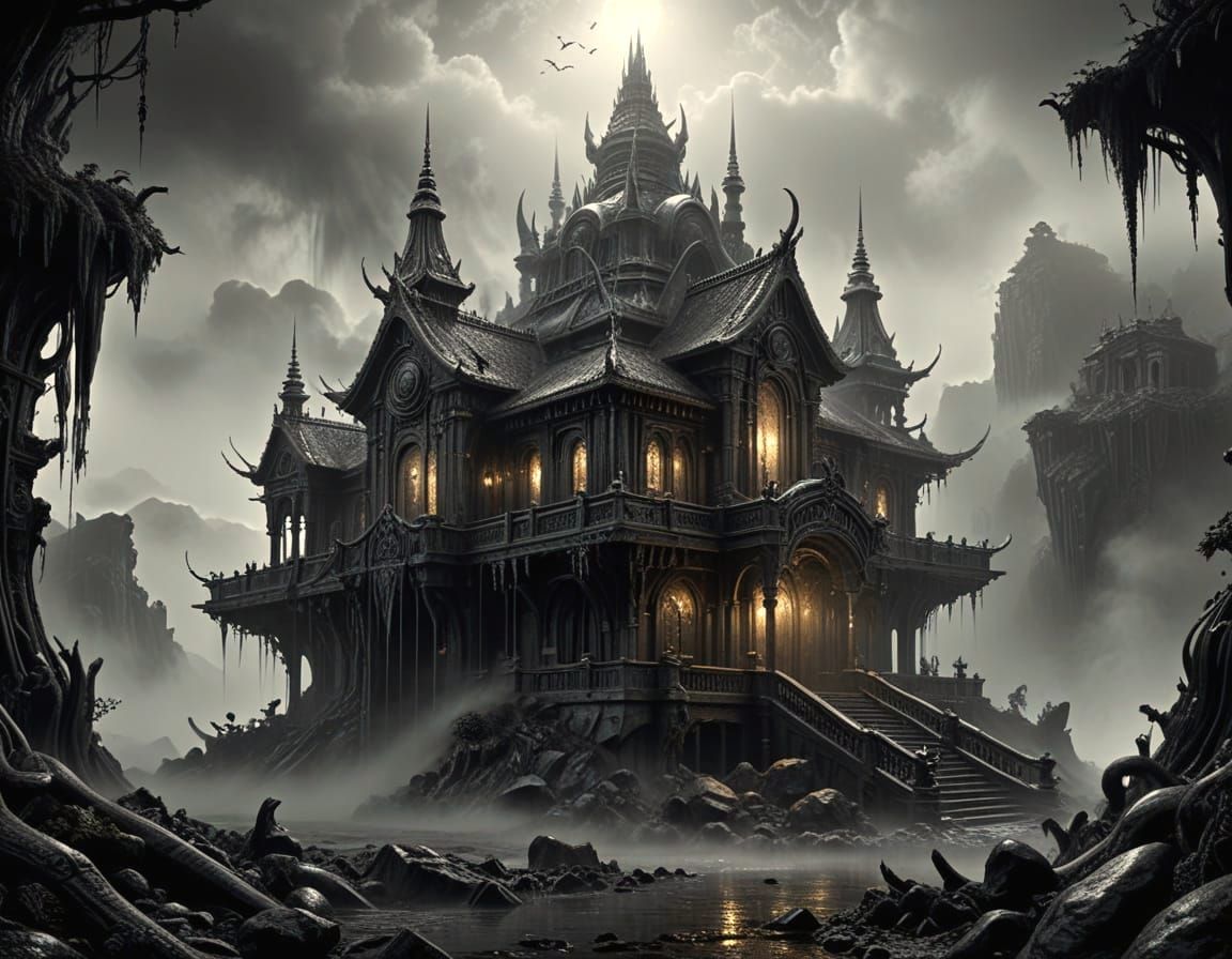 Misty Dystopian Building in Graphite Pencil Style