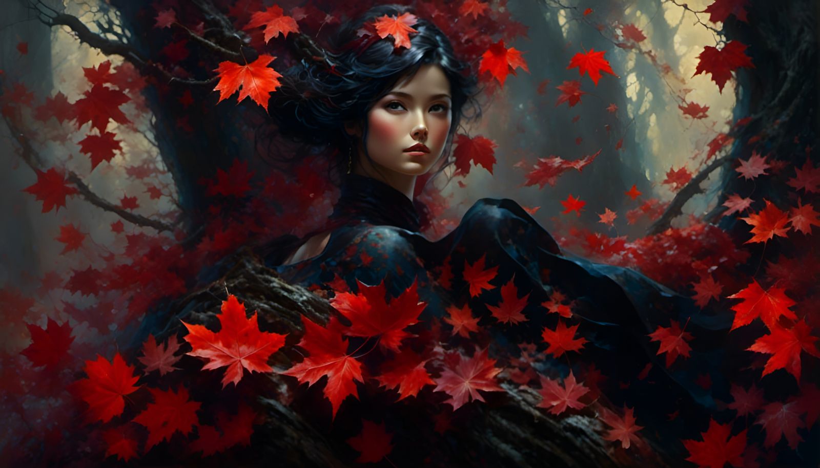 Red Maple Girl in Demon Forest, Watercolor Style