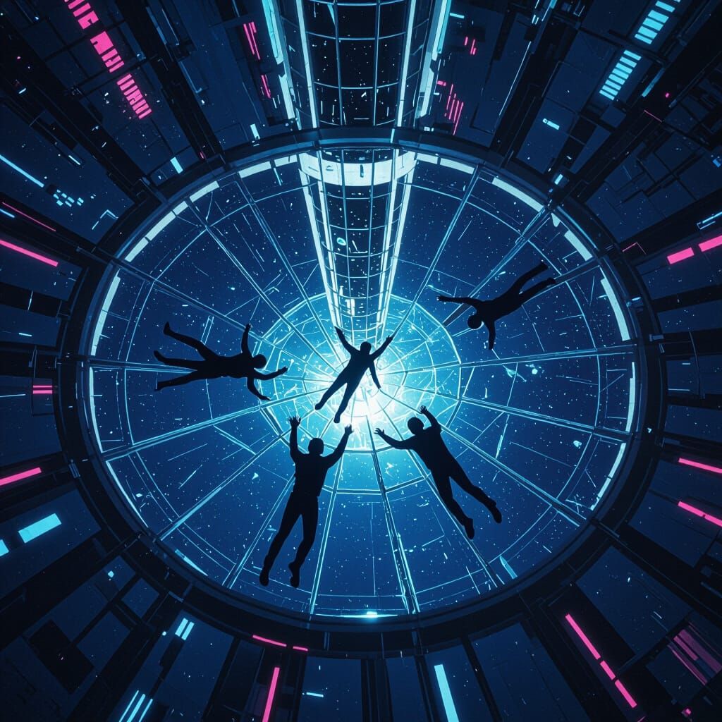 People Falling from Space Needle in Futuristic Sci-Fi Style