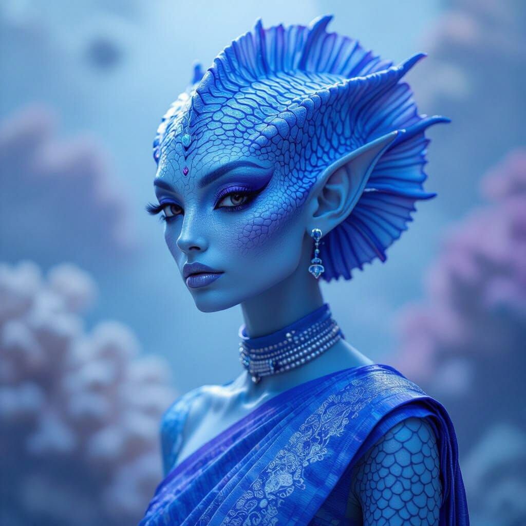 Blurple Alien Model with Gill Hair in Futuristic Sari