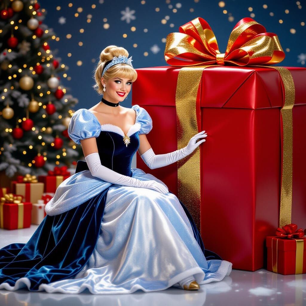 Cinderella in Velvet Christmas Dress with Giant Present