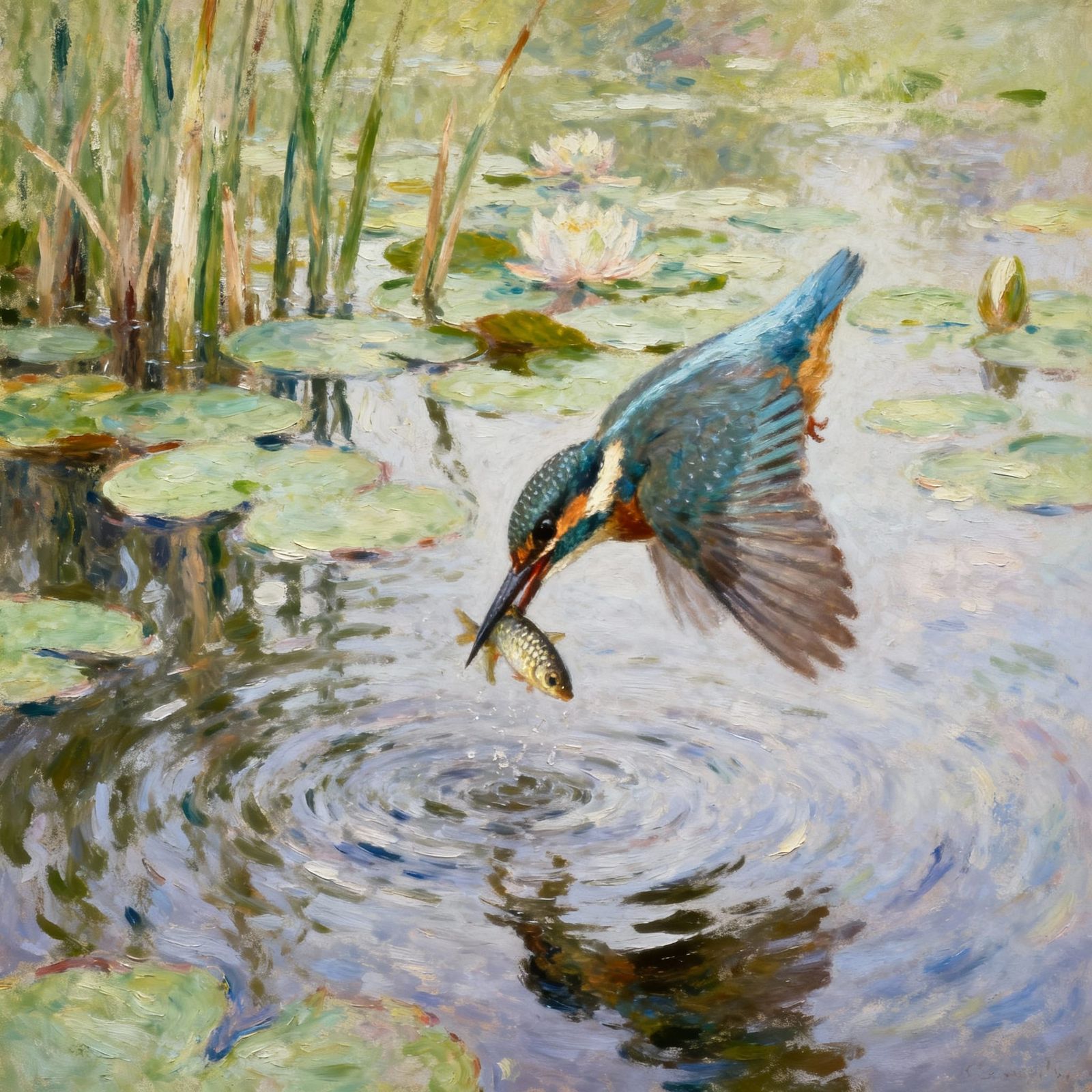 Kingfisher Captures Fish Mid-Dive in Monet Style