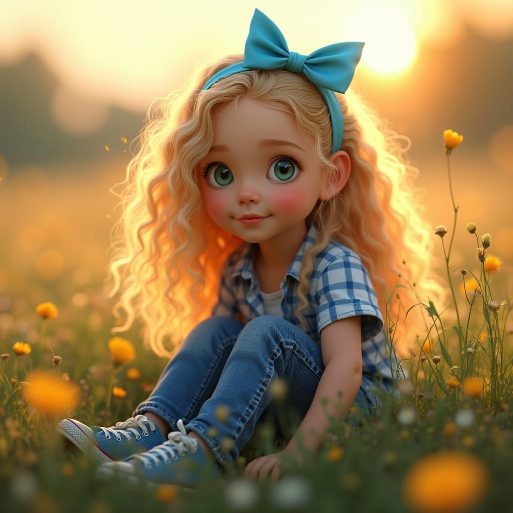 Child in a Whimsical Sunset Field