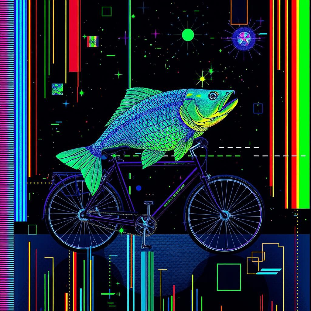 Fish Rides Bicycle in Abstract Glitch Art