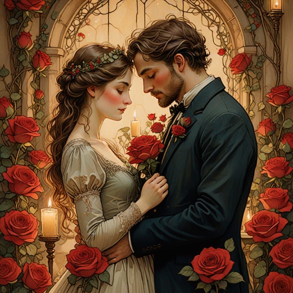 Romantic Couple in Whimsical Rose Garden Setting