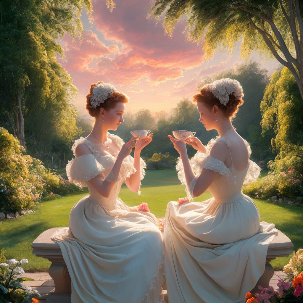 Ladies Sipping Tea in a Lush Sunset Garden