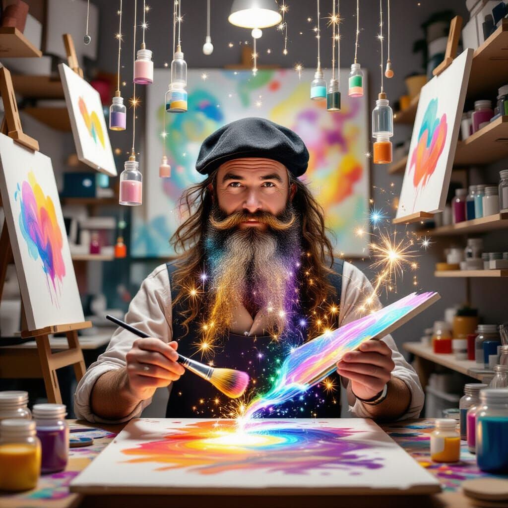 Bearded Artist Creates Glowing 3D Forms with Luminous Brush