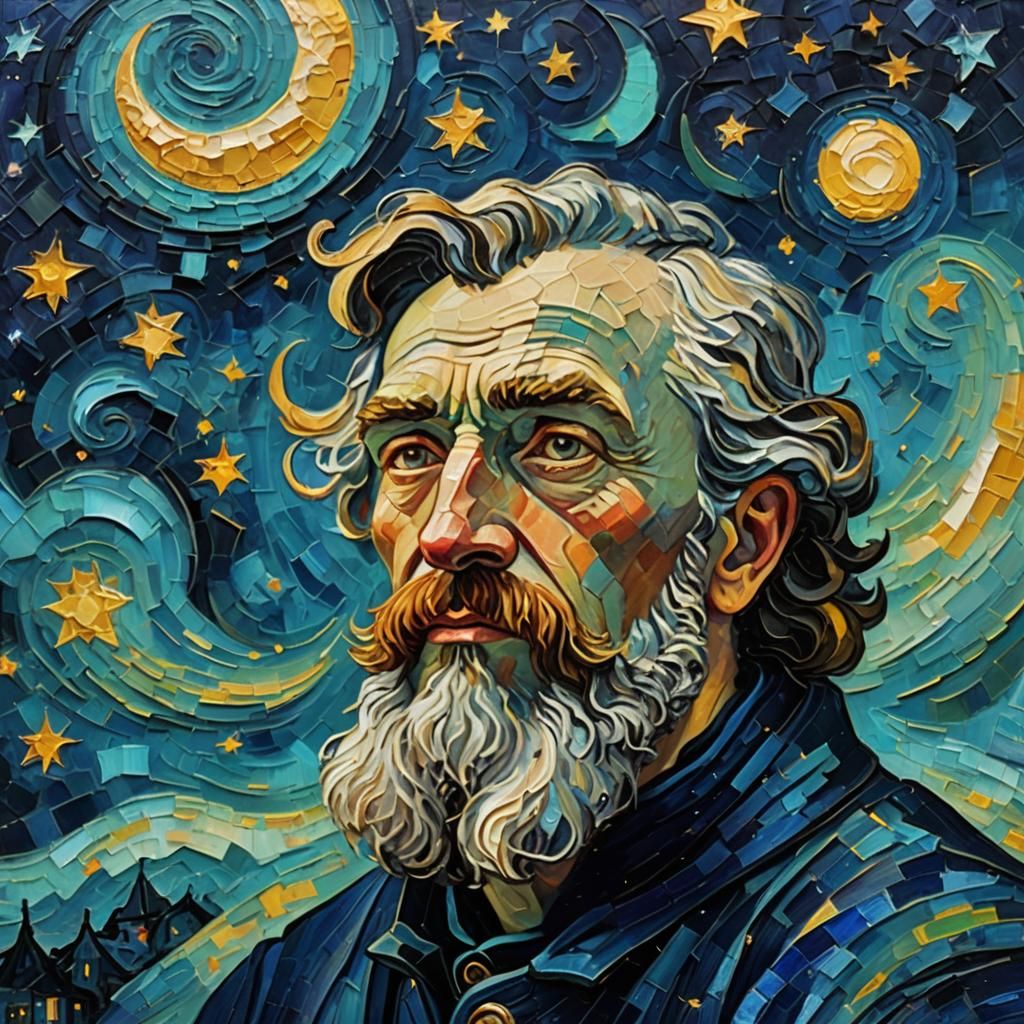 Medieval Astronomer Gazing at Stars, Neo-Impressionist Oil P...