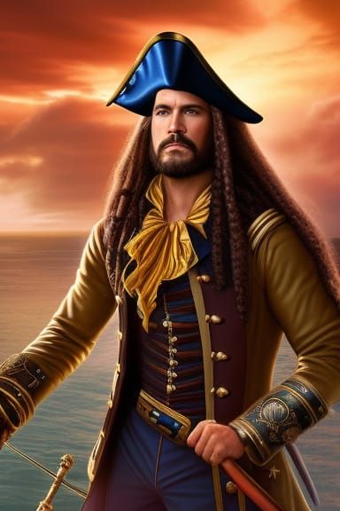 Pirate Captain Portrait on Ship at Sunset