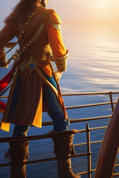 1700s Pirate Captain Portrait on Ship at Sunset