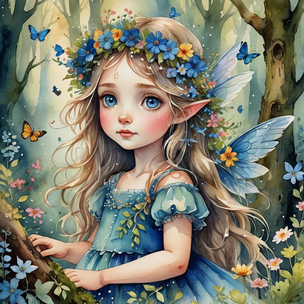 Lovely Fairy with Flower Dress in Watercolor