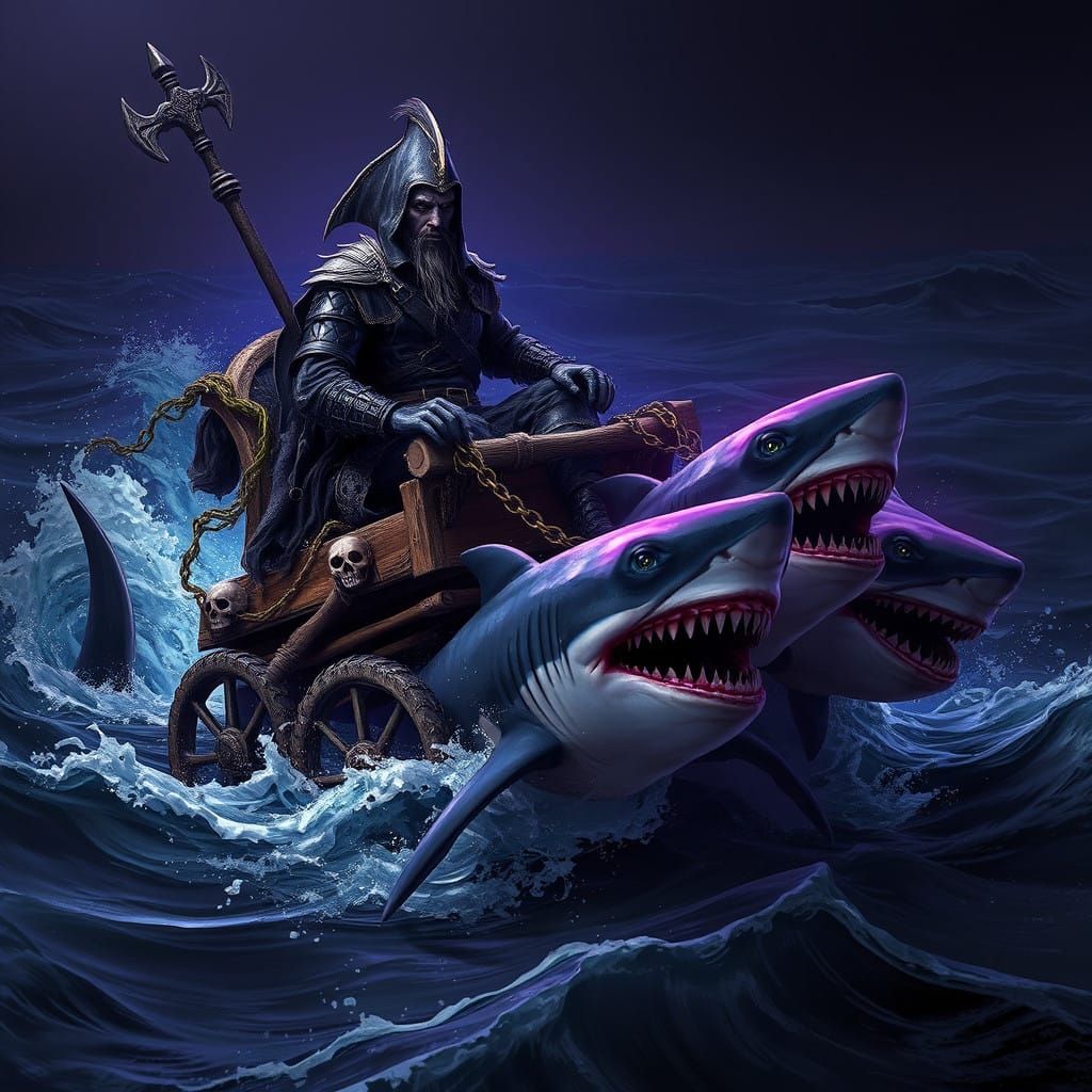 Dark Pirate Rides Sharks Through Turbulent Sea