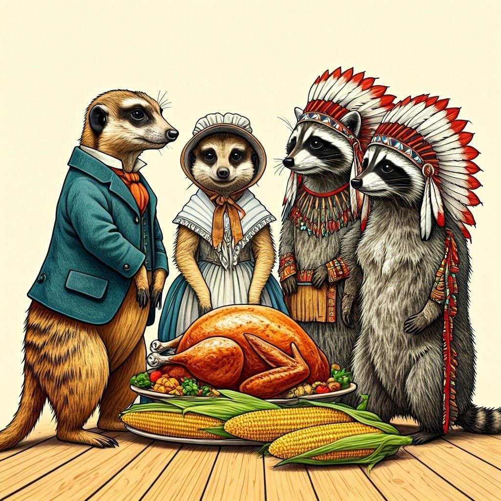 Meerkats and Raccoons Thanksgiving in Storybook Style
