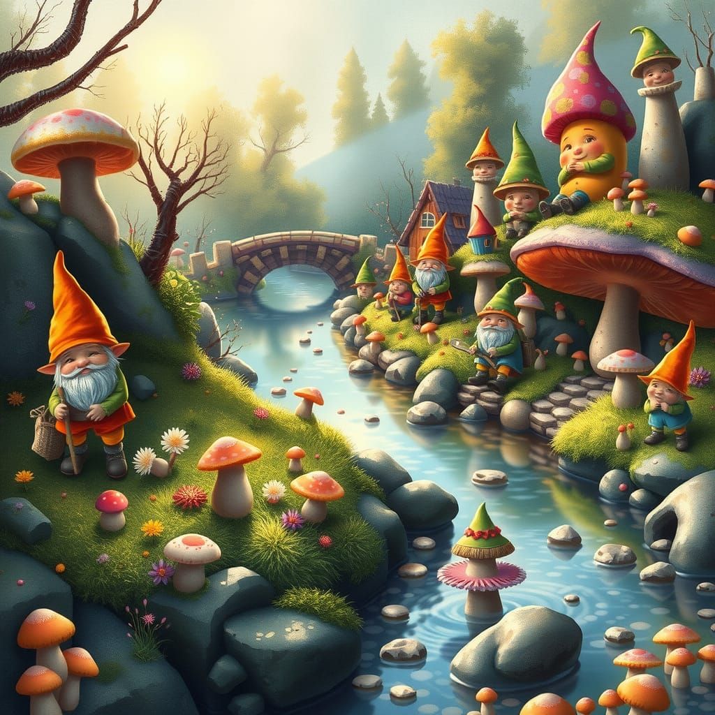 Gnomes and Elves in Toadstool Town: Impressionistic Folk Art