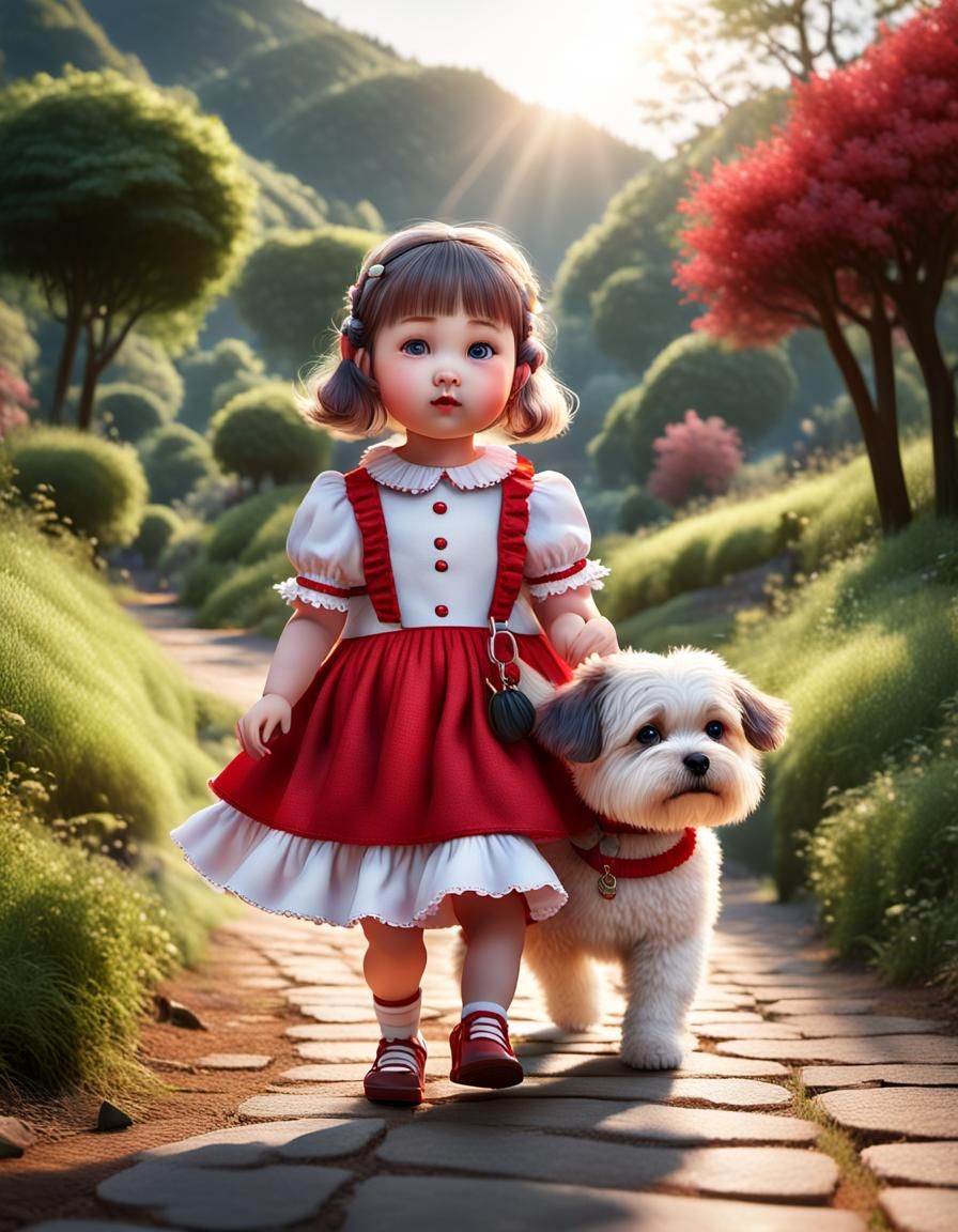 Chubby Doll Walks Puppy in Hilly Park: 3D Render