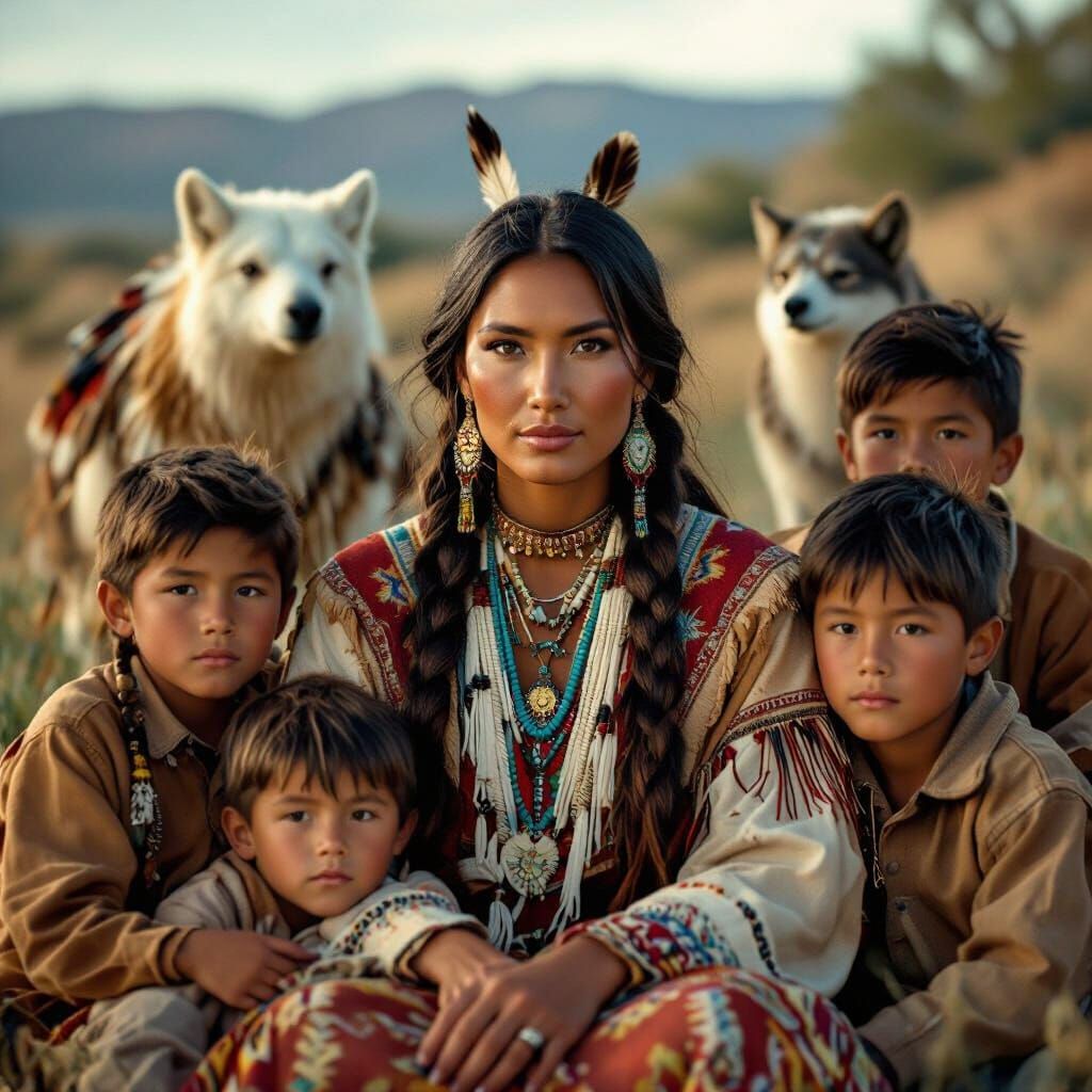 Native American Mother and Sons with Spirit Animals