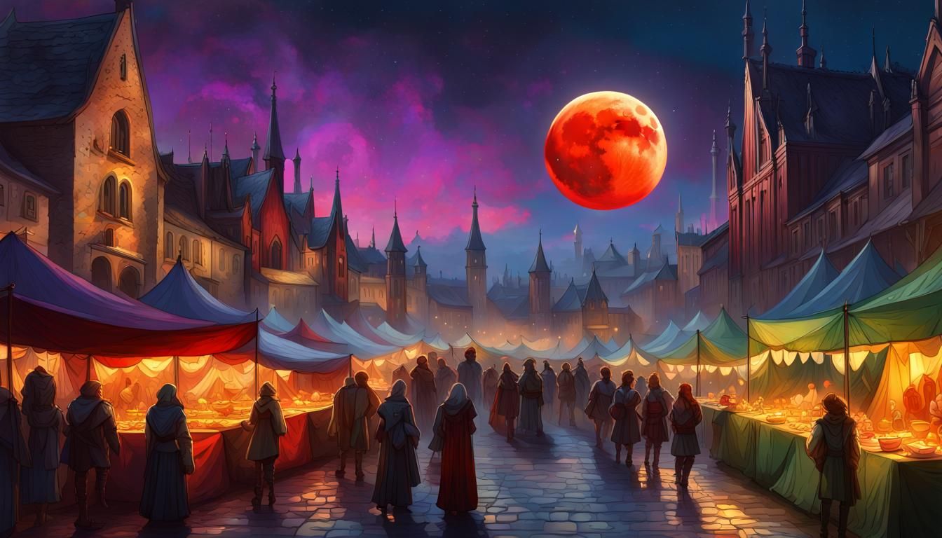 Medieval Night Market Festival Under Red Moon