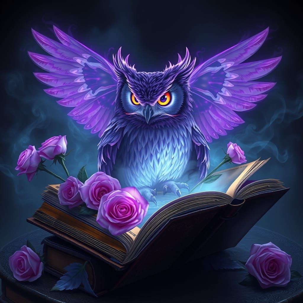 Ethereal Owl Reading in Gothic Library with Roses