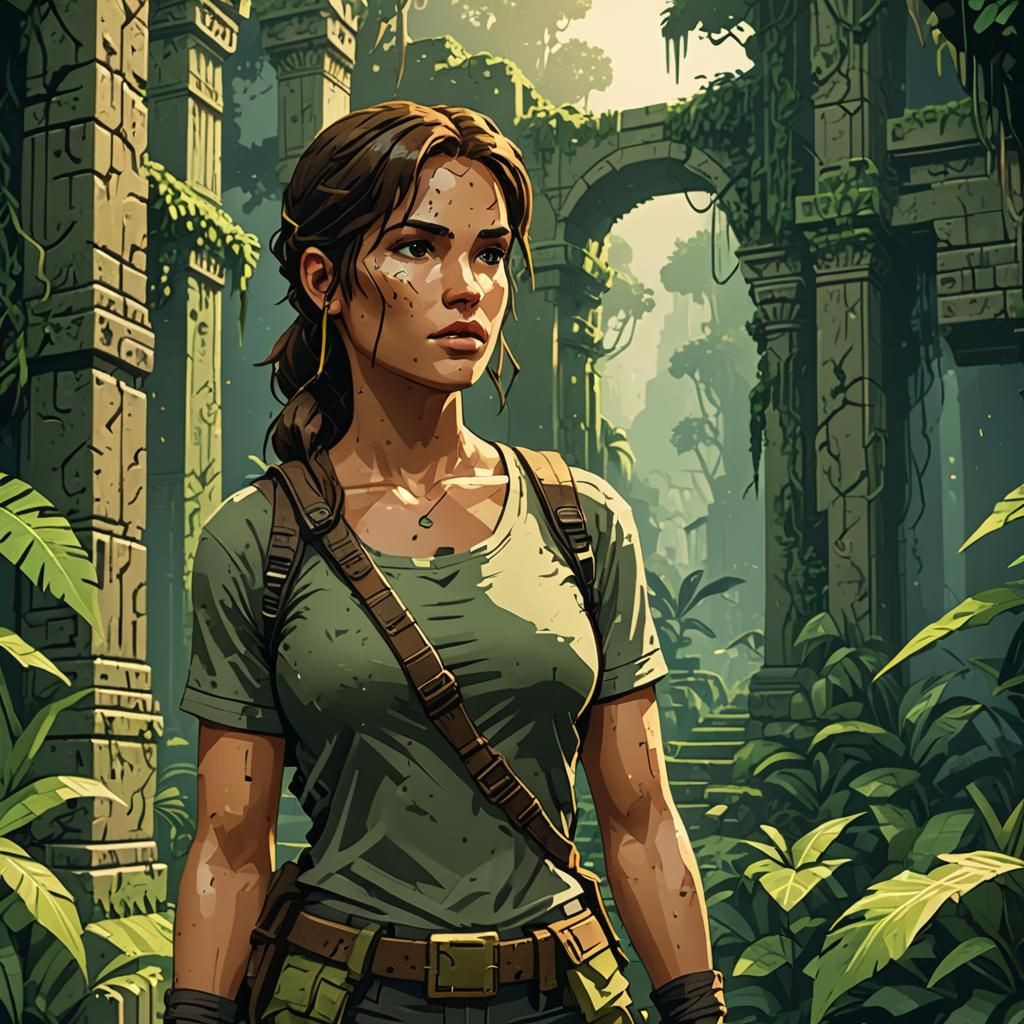Lara Croft in Jungle Ruins: 8-bit Pixel Art