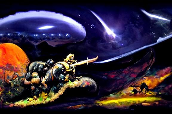 Small Spaceship Approaching Alien Planet in Fantasy Sci-Fi S...