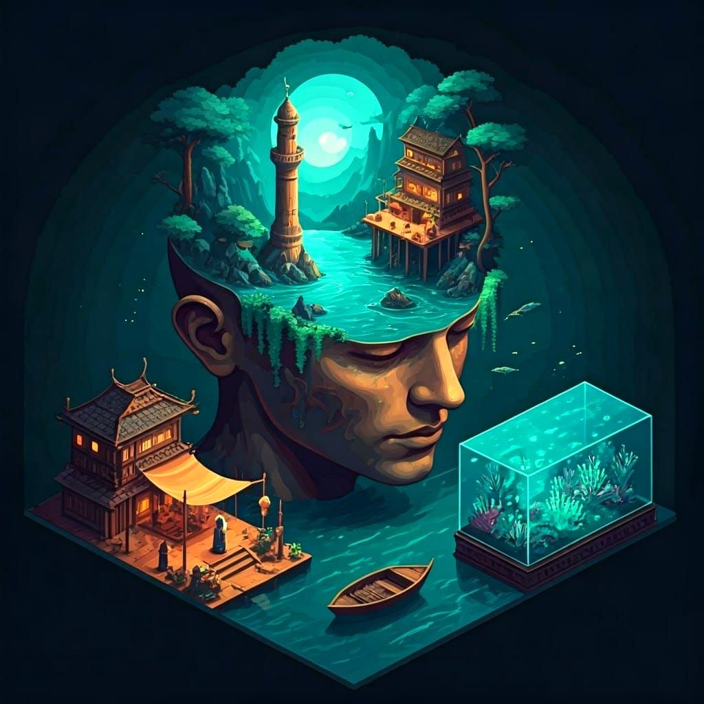 Isometric Pixel Art Village Headpiece