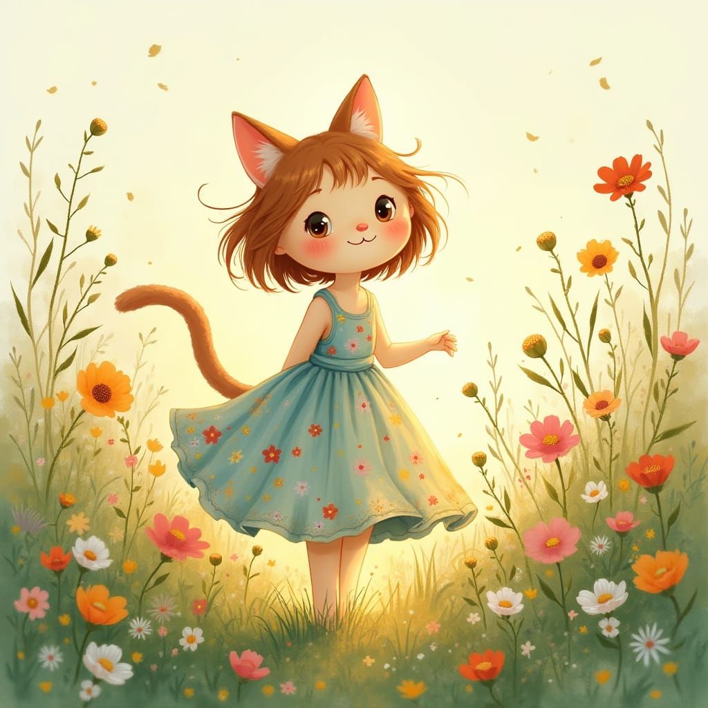 Whimsical Cat Girl Amidst Vibrant Wildflowers