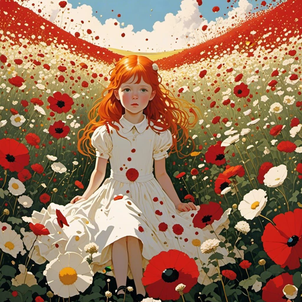 Anime Girl in Flower Field at Golden Hour