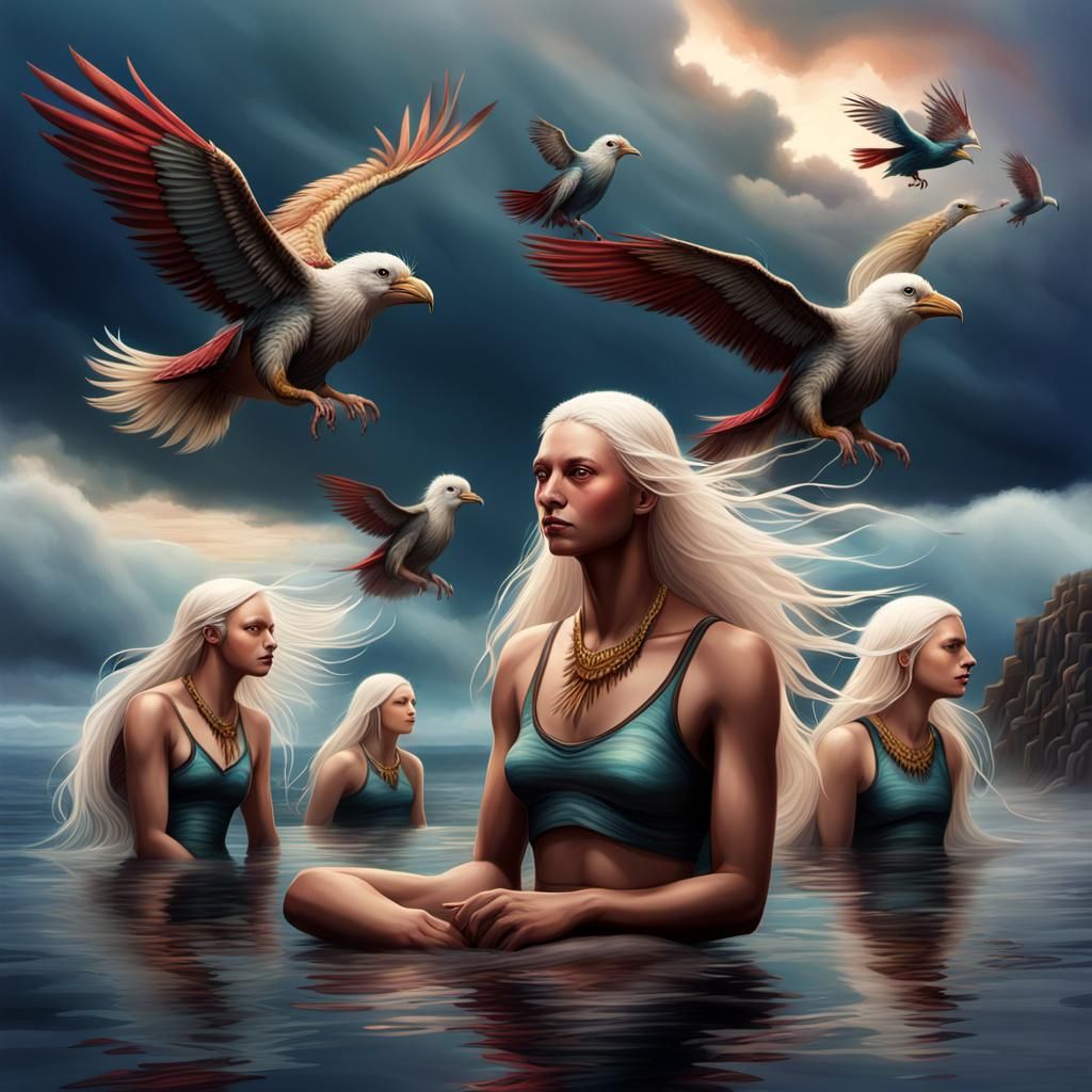 Bird-Human Hybrids with Flowing Hair, Digital Art