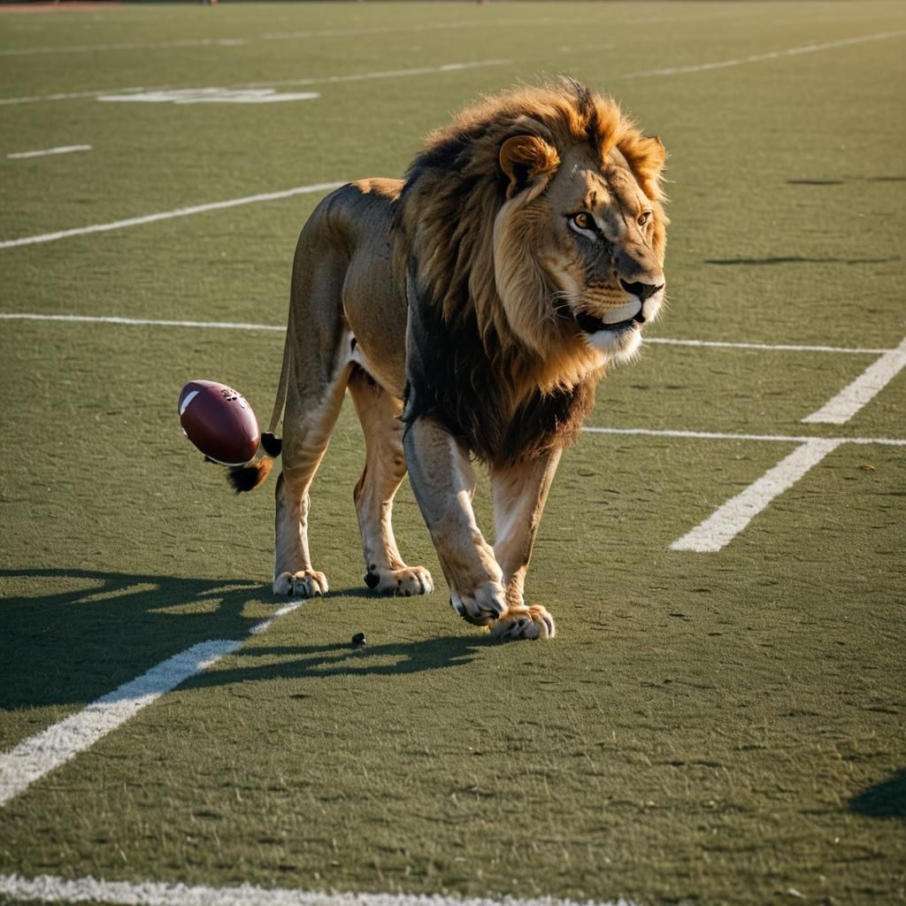 Lion on Football Field in Hyper-Realistic Photo