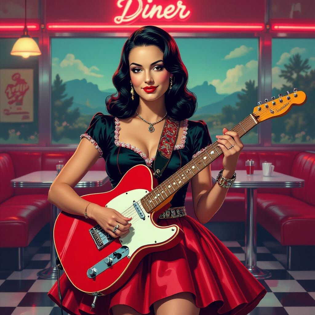 Mona Lisa Plays Rockabilly Guitar in Neon Diner