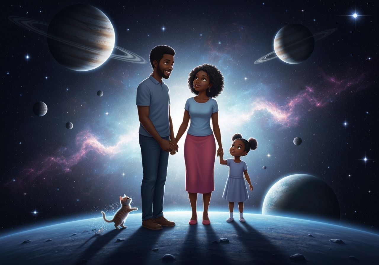Whimsical Space Family Portrait with Cosmic Wonder