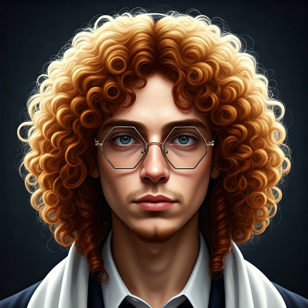 A young Haredi man with striking, curly hair and ornate glas...