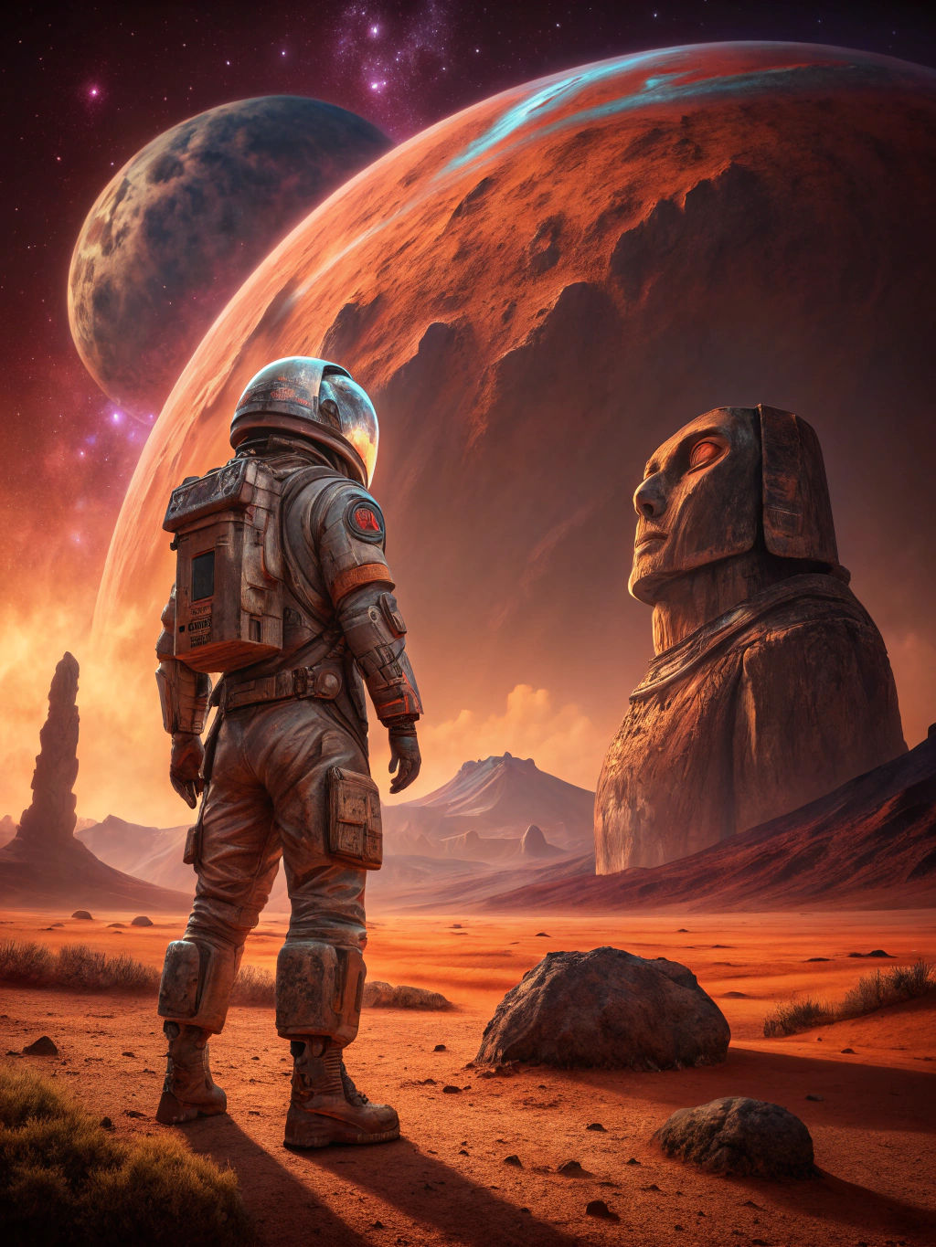 Astronaut on Mars Gazing at Lovecraftian Monolith
