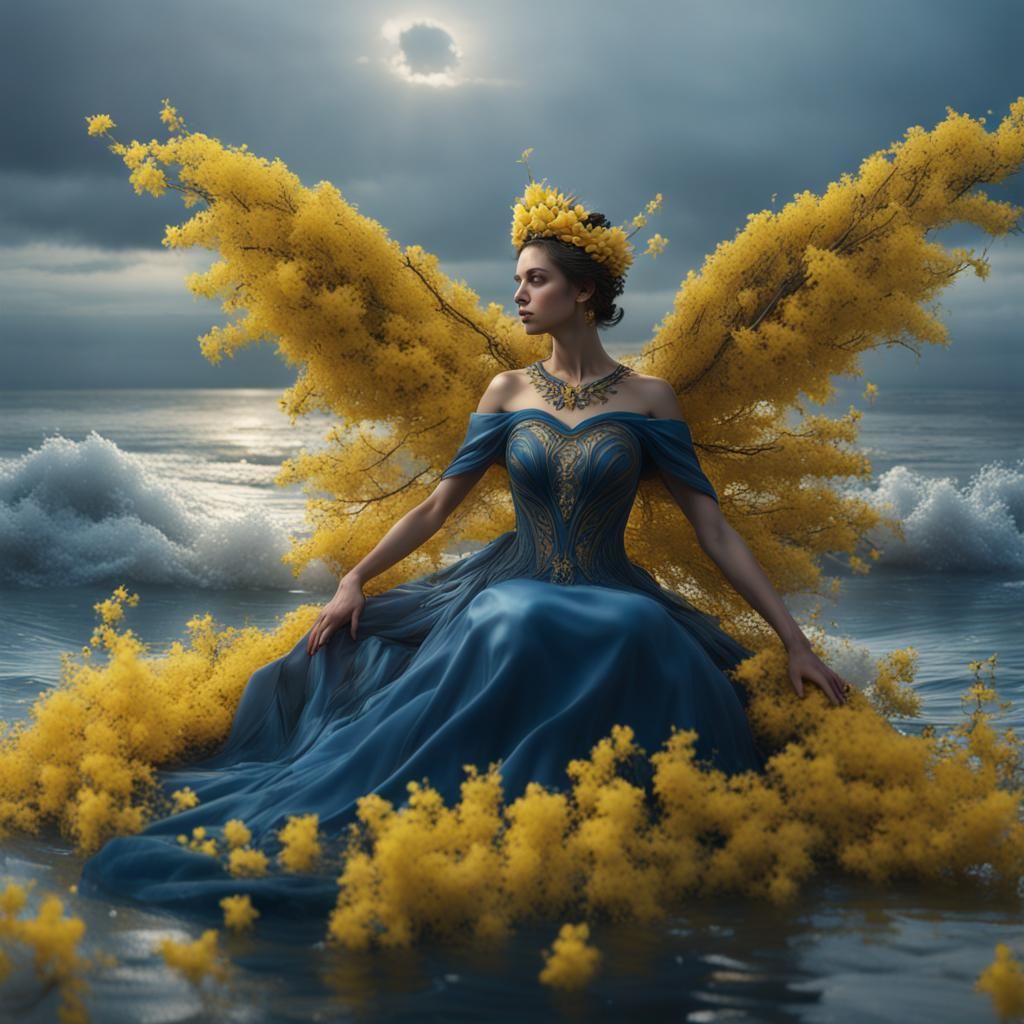 Hyperrealistic Undine with Forsythia Tiara on Ocean