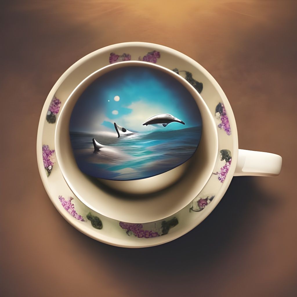 Tea Cup with Cute Dolphin, Digital Matte Painting