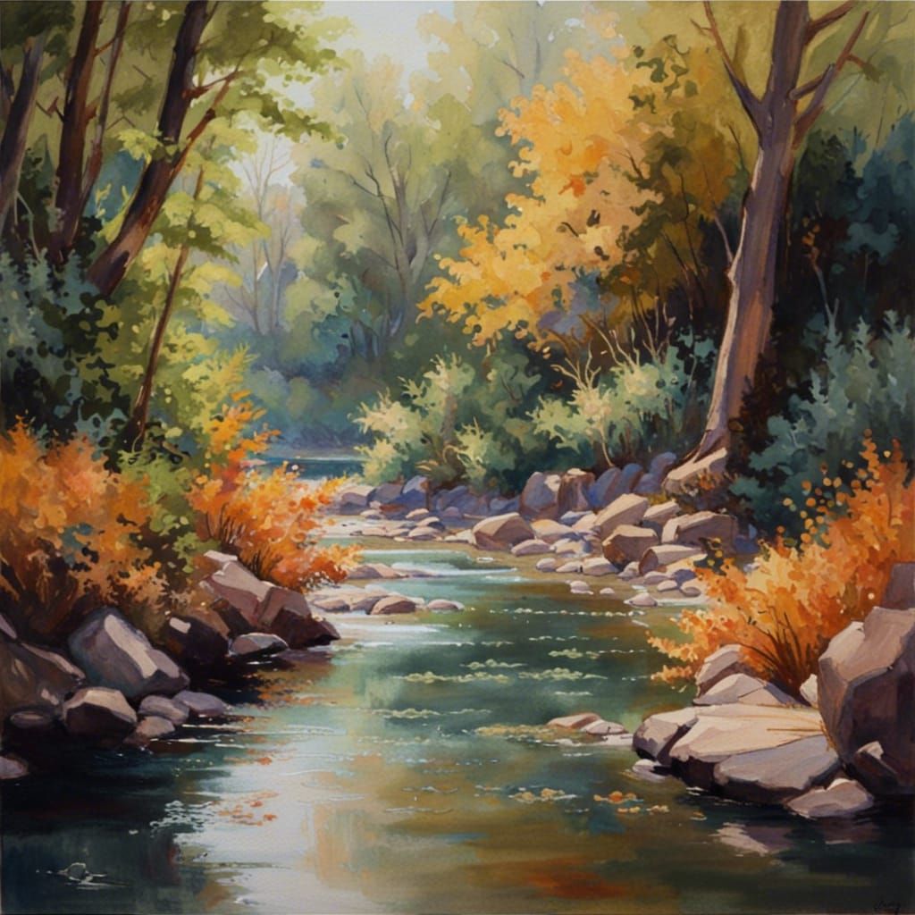Riverbank and Foliage in Watercolours: Vibrant Flowing Lands...