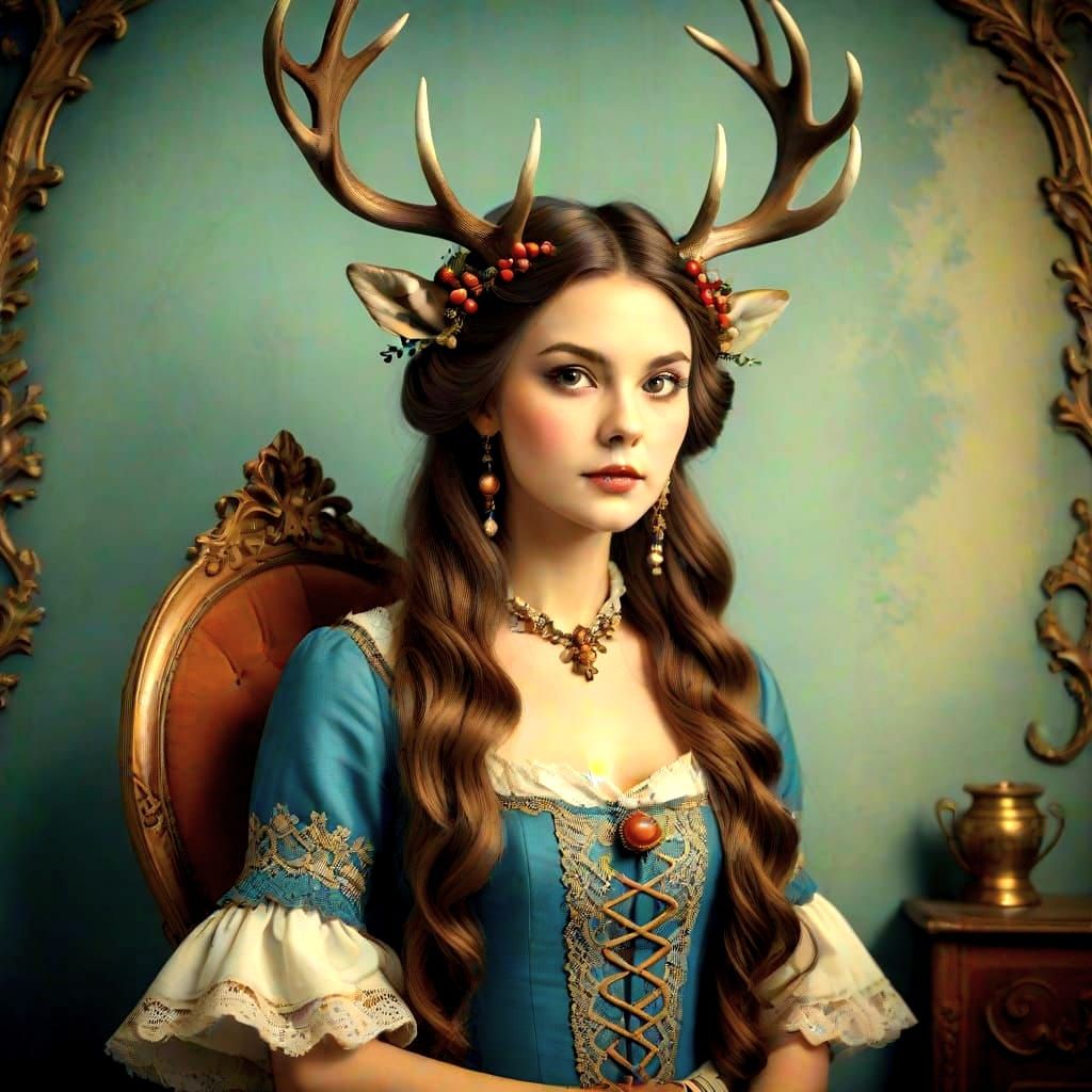 Enchanting Woman with Deer Antlers in Vintage Glamour