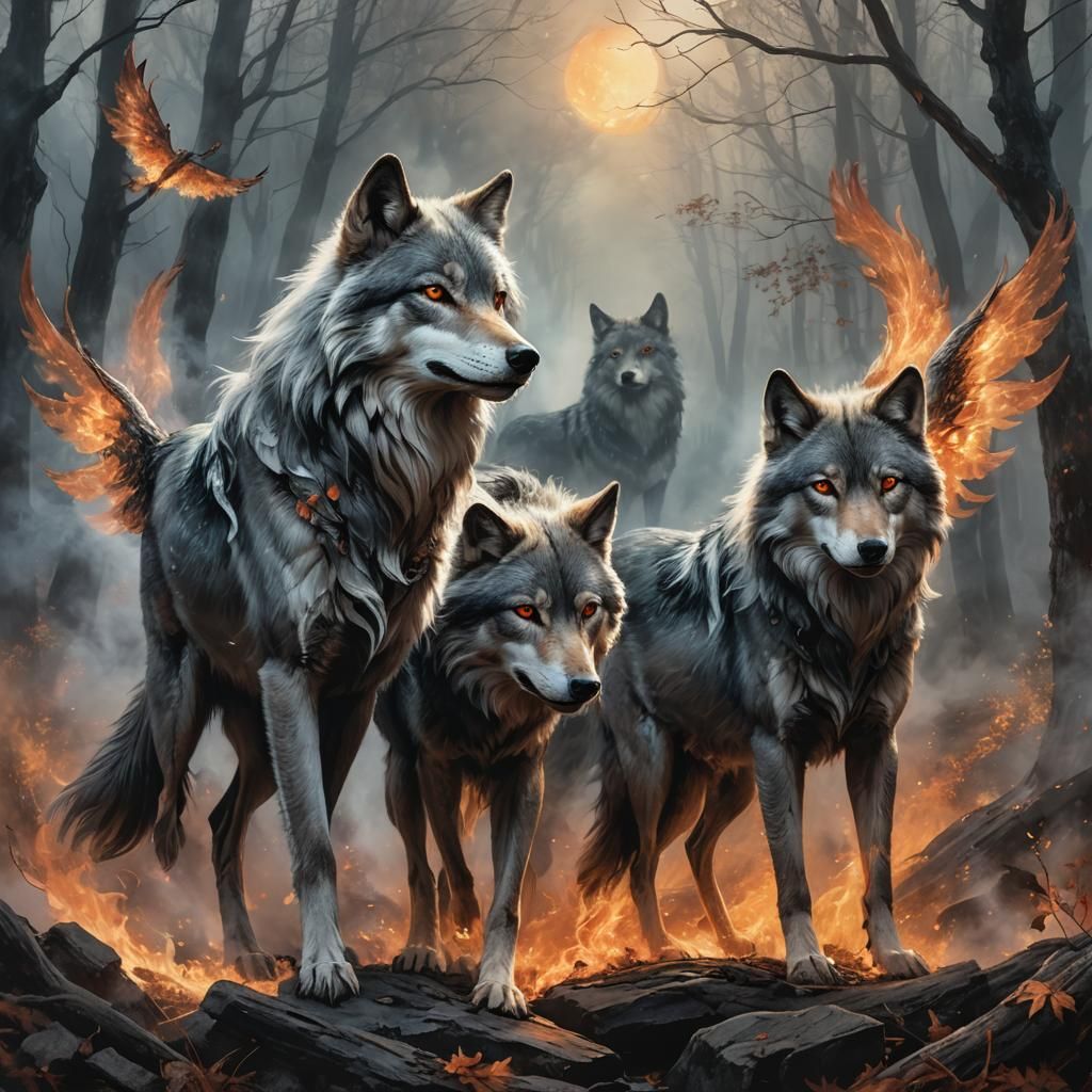 Smoky Wolf Fairy with Wolves in Fantasy Landscape