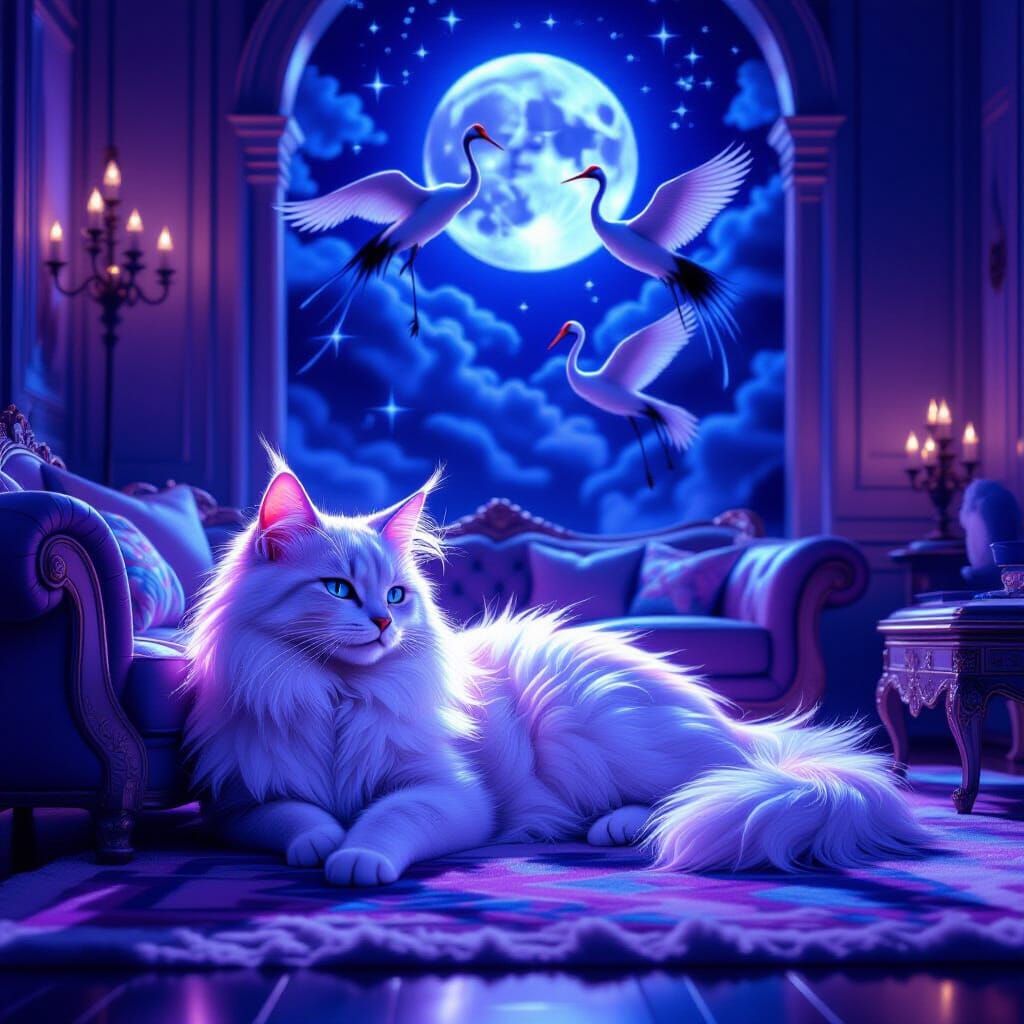 Silver Cat in Moonlit Living Room with Ethereal Shadows