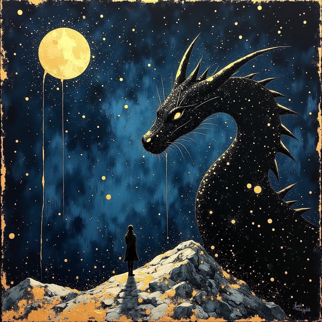 Black Dragon Soaring Under Starry Night Sky