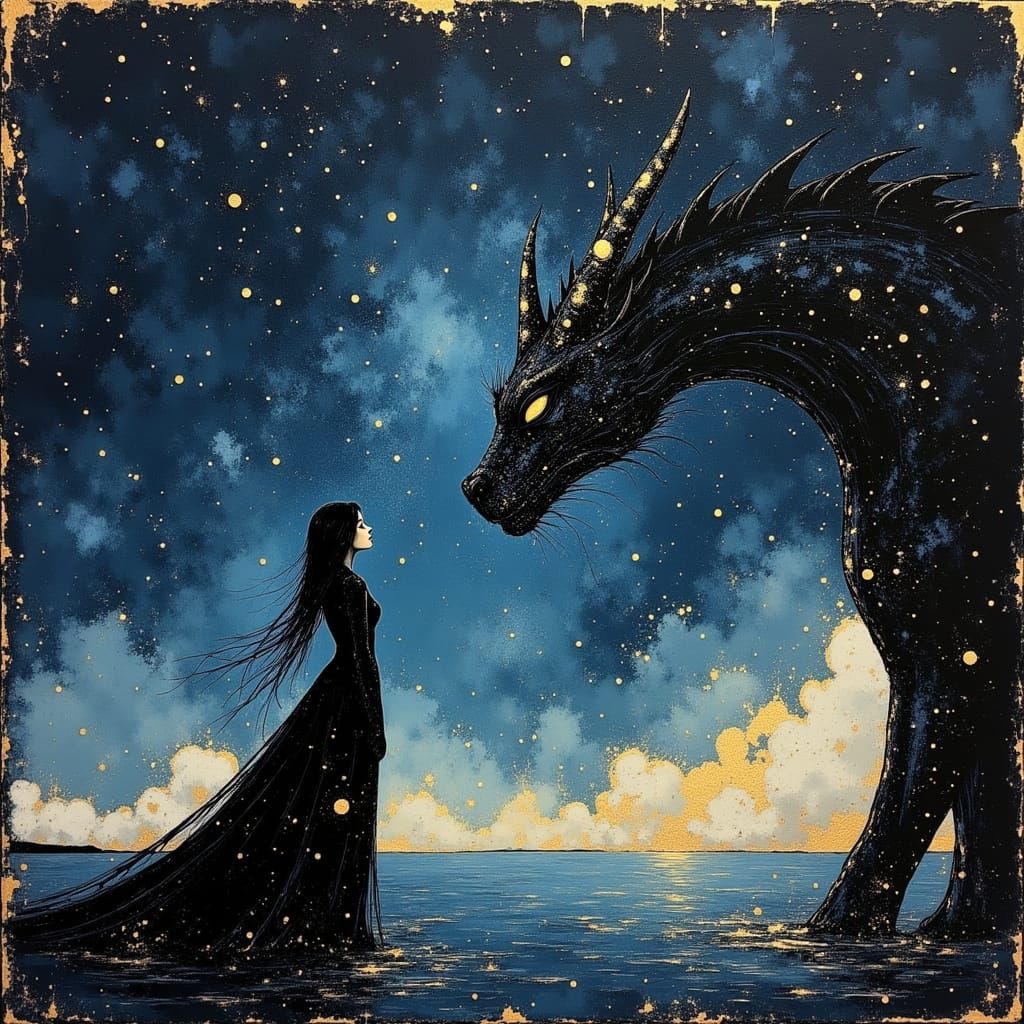 Ancient Warrior Gazes Up at Celestial Dragon Under Starry Ni...