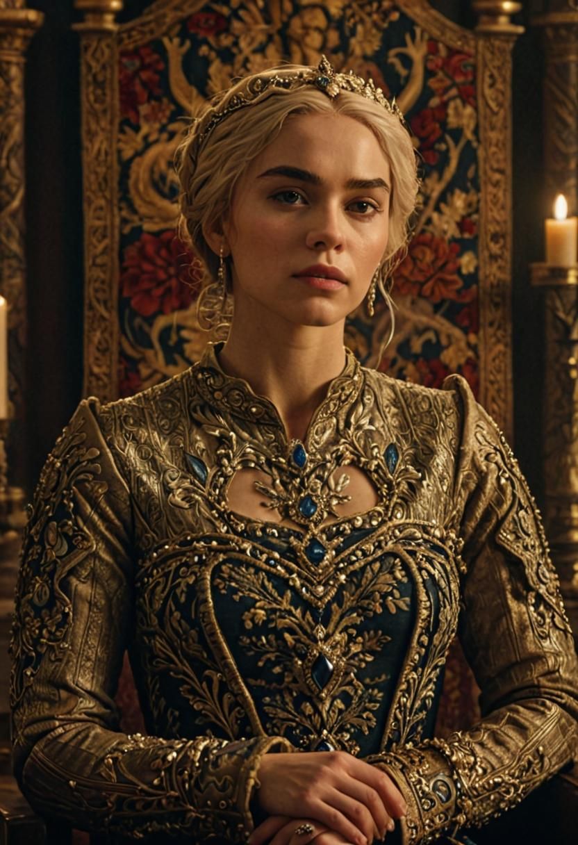 Young Queen in Luxurious Medieval Throne Room