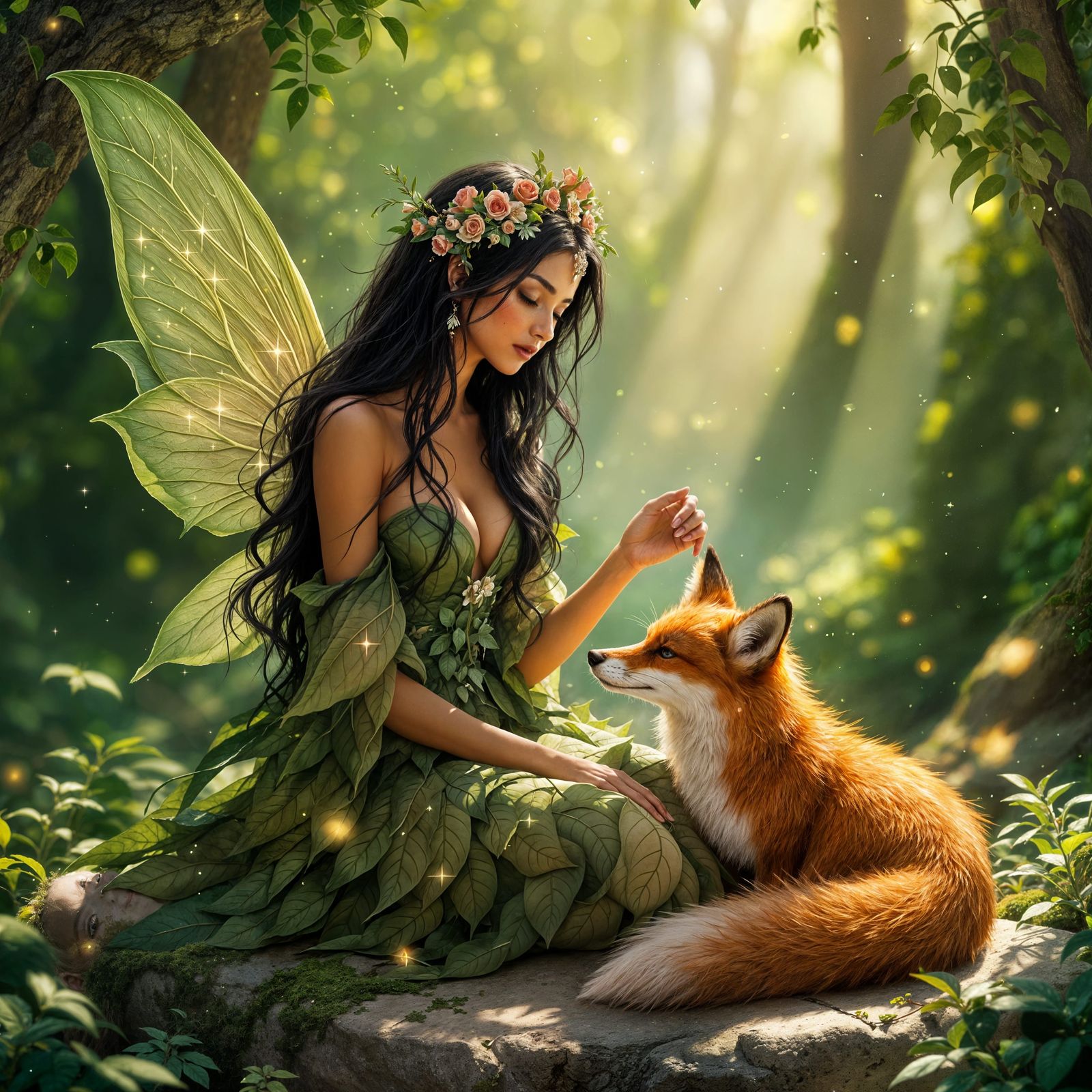 Ethereal Fairy Queen with Scarlet Fox in Sunlit Forest