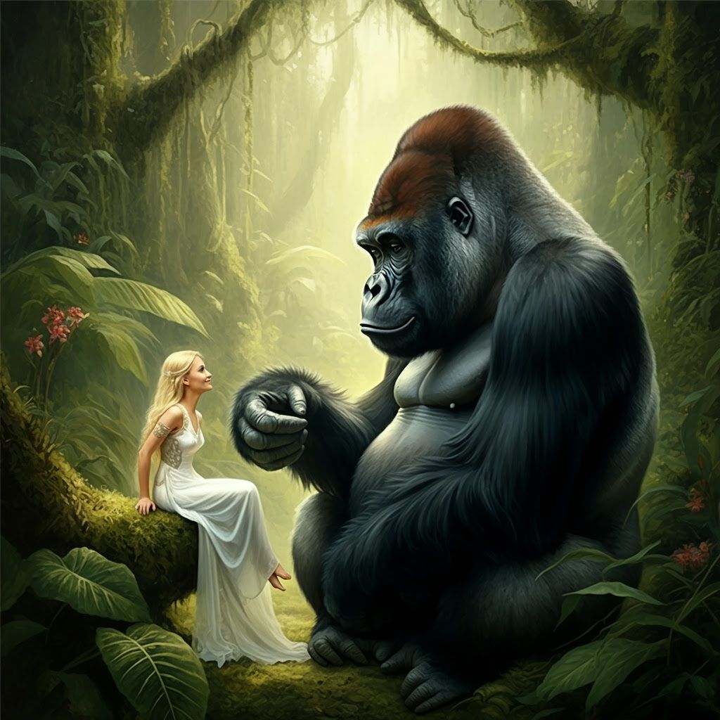 Impressionist Oil Painting of Woman with Gorilla in Jungle