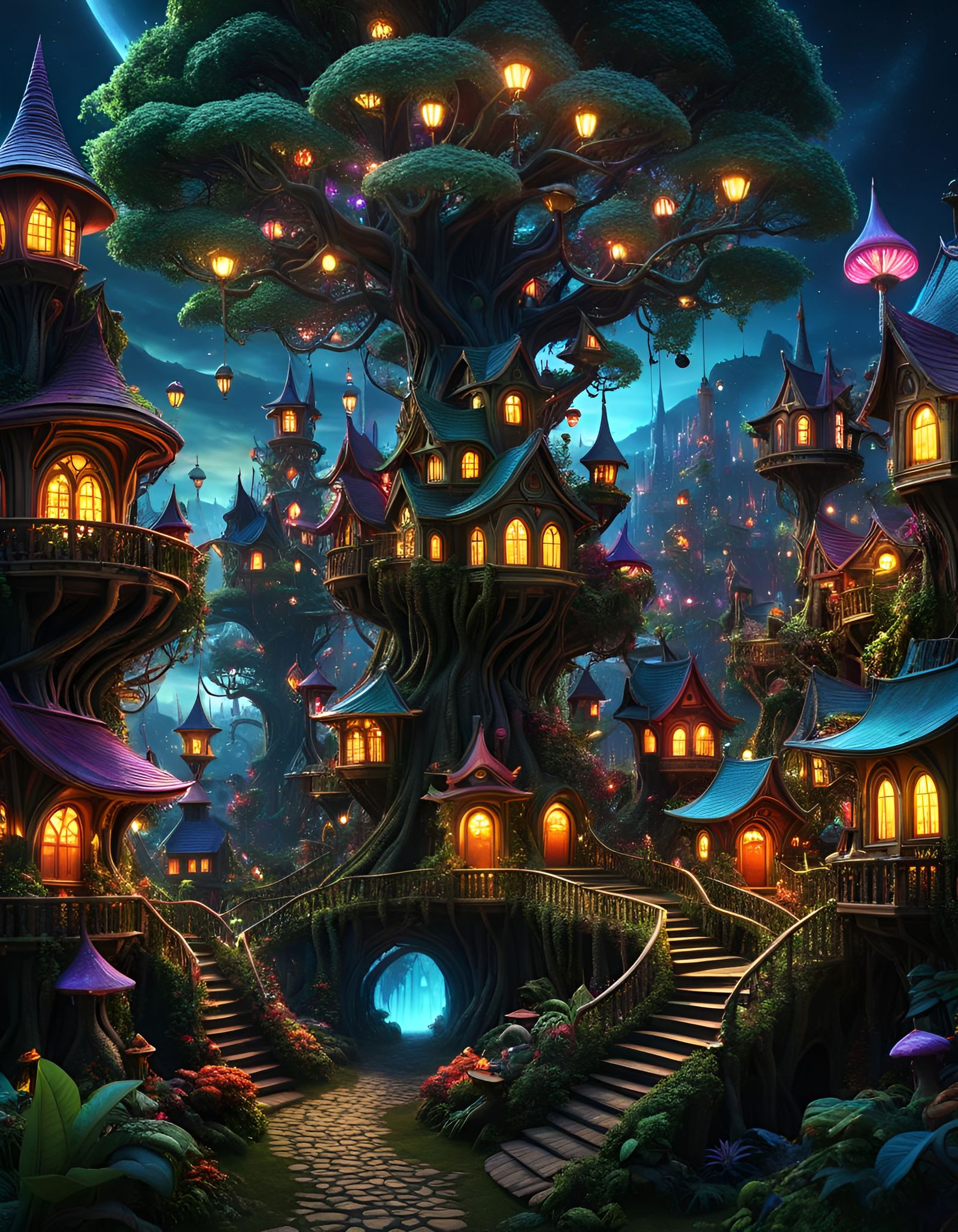 Goblincore Fairytale Tree Village at Night