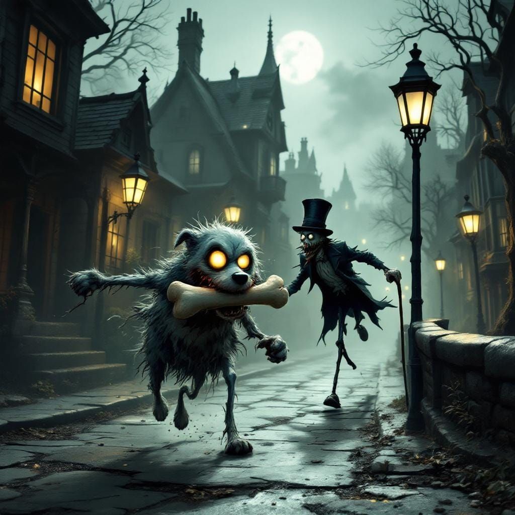Zombie Dog Chase in Dark Whimsical Style