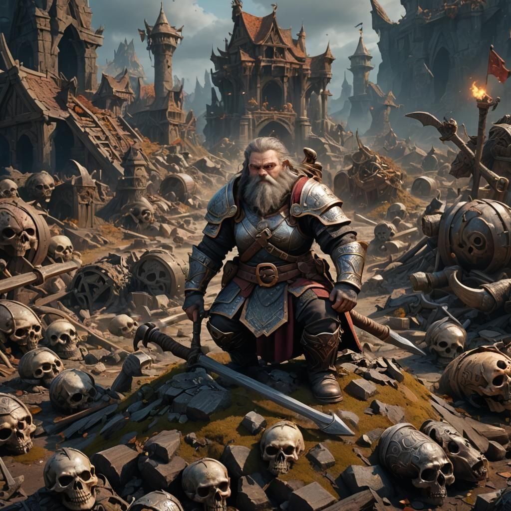 Triumphant Dwarf Warrior on Battlefield in Detailed Matte Pa...