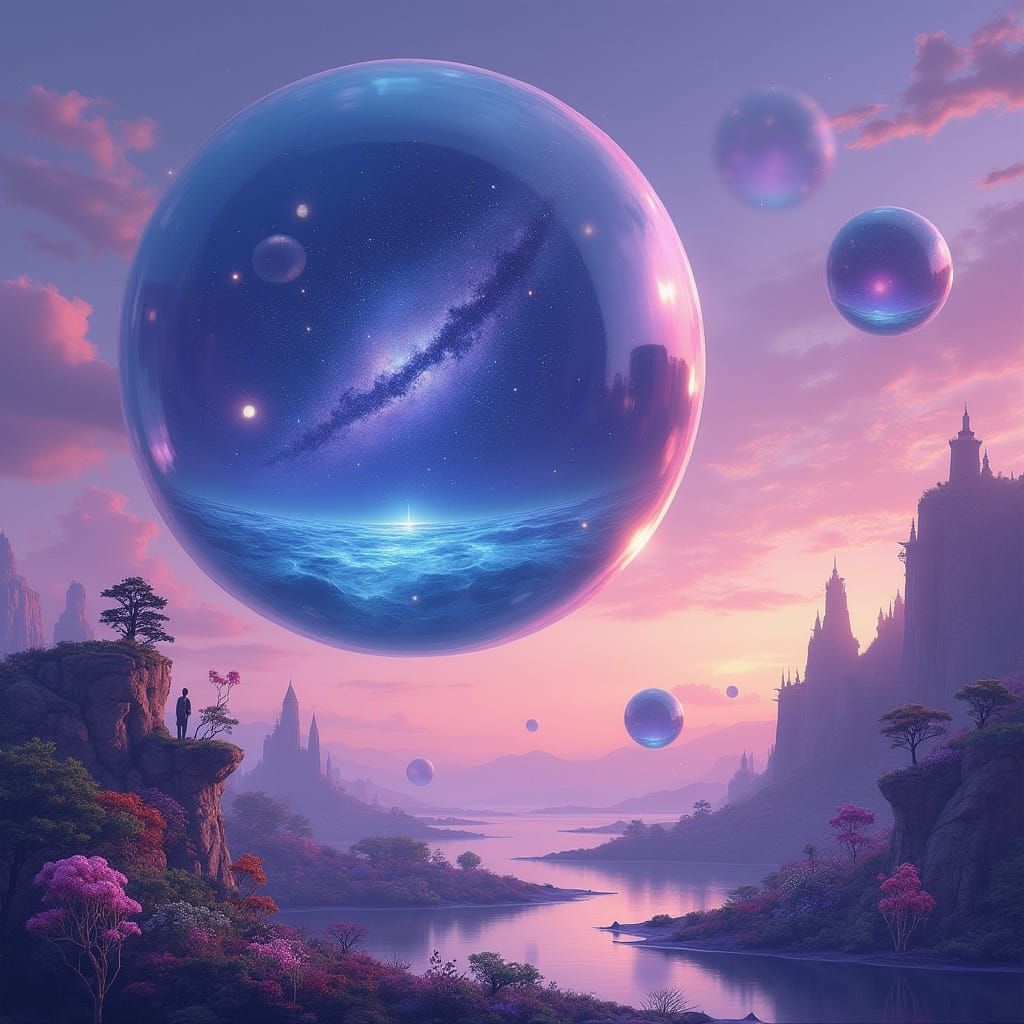 Surreal Dreamscape: Iridescent Bubbles in Lavender Sky