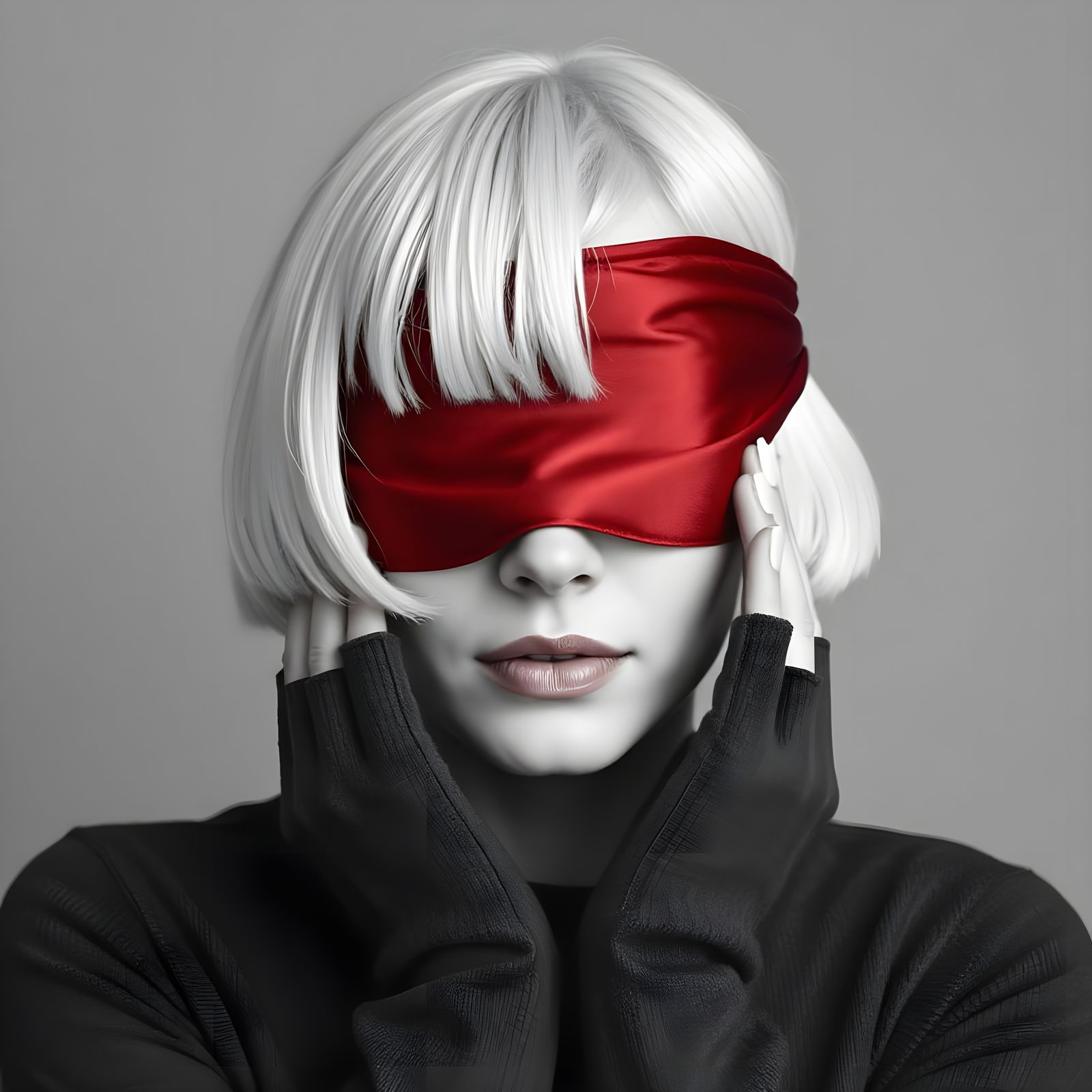 A cinematic black and white portrait photograph of a young woman with pale, porcelain-like skin and a precise chin-lengt...